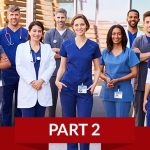 Healthcare team with ID badges stand outdoors