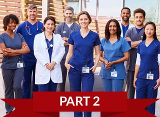 Healthcare team with ID badges stand outdoors