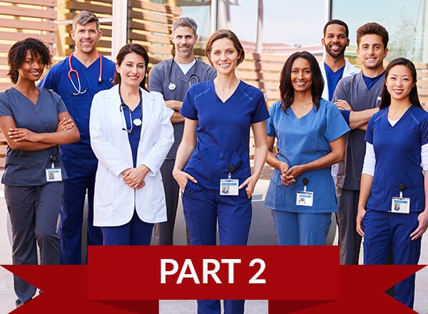Healthcare team with ID badges stand outdoors