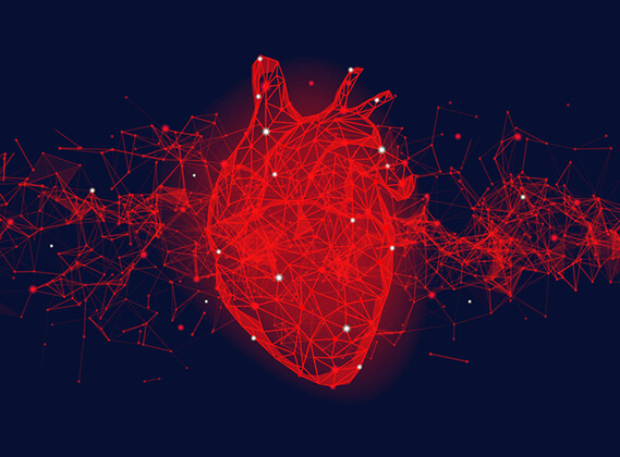 Digital illustration of a red heart made of connected data points, symbolizing heart health and innovation.