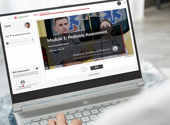 Laptop displaying PEPP Module 1: Pediatric Assessment eLearning course interface